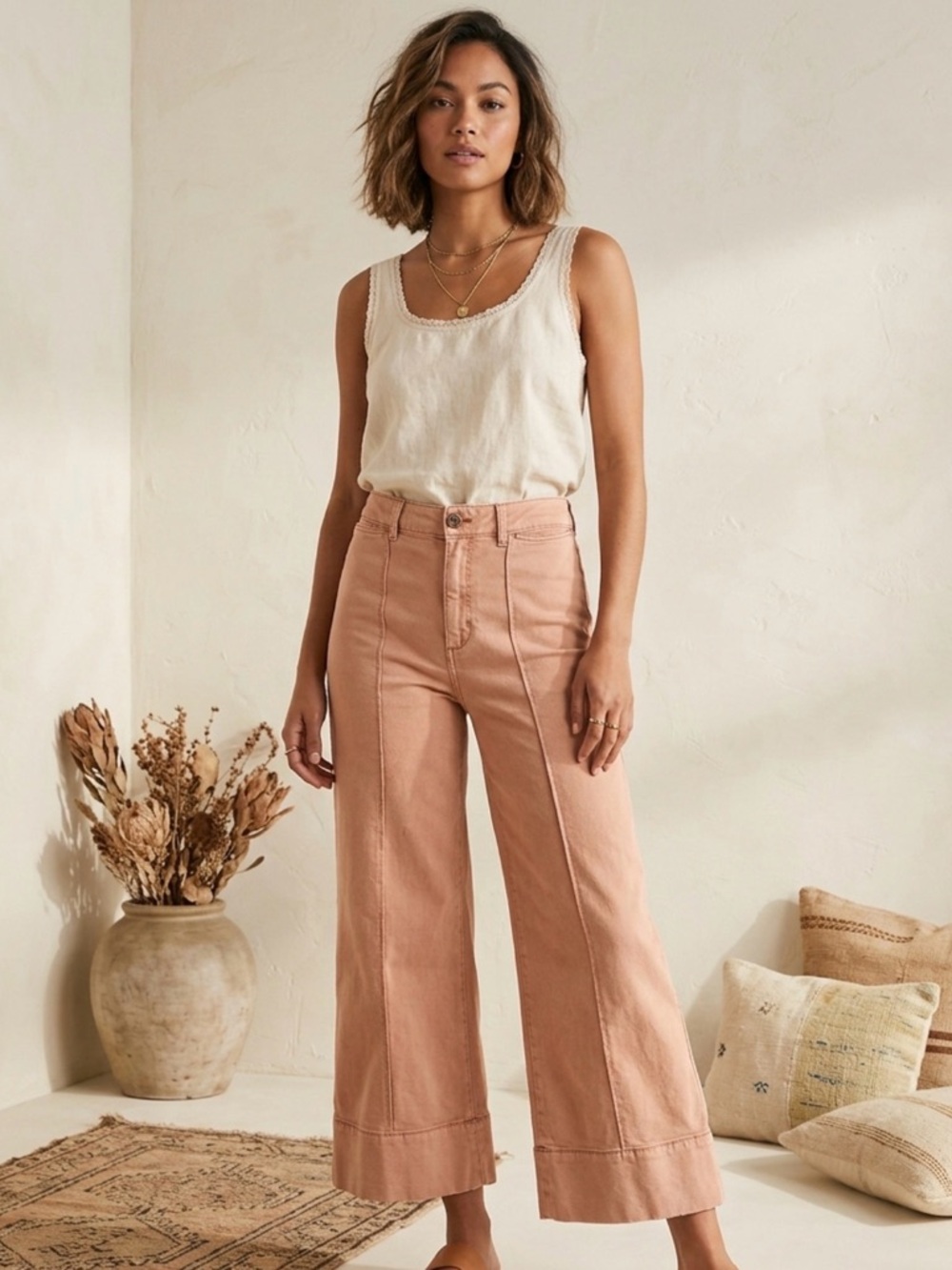 ANTHROPOLOGIE High-Rise Wide-Leg Pintuck Chinos in Faded Terracotta | Size 6